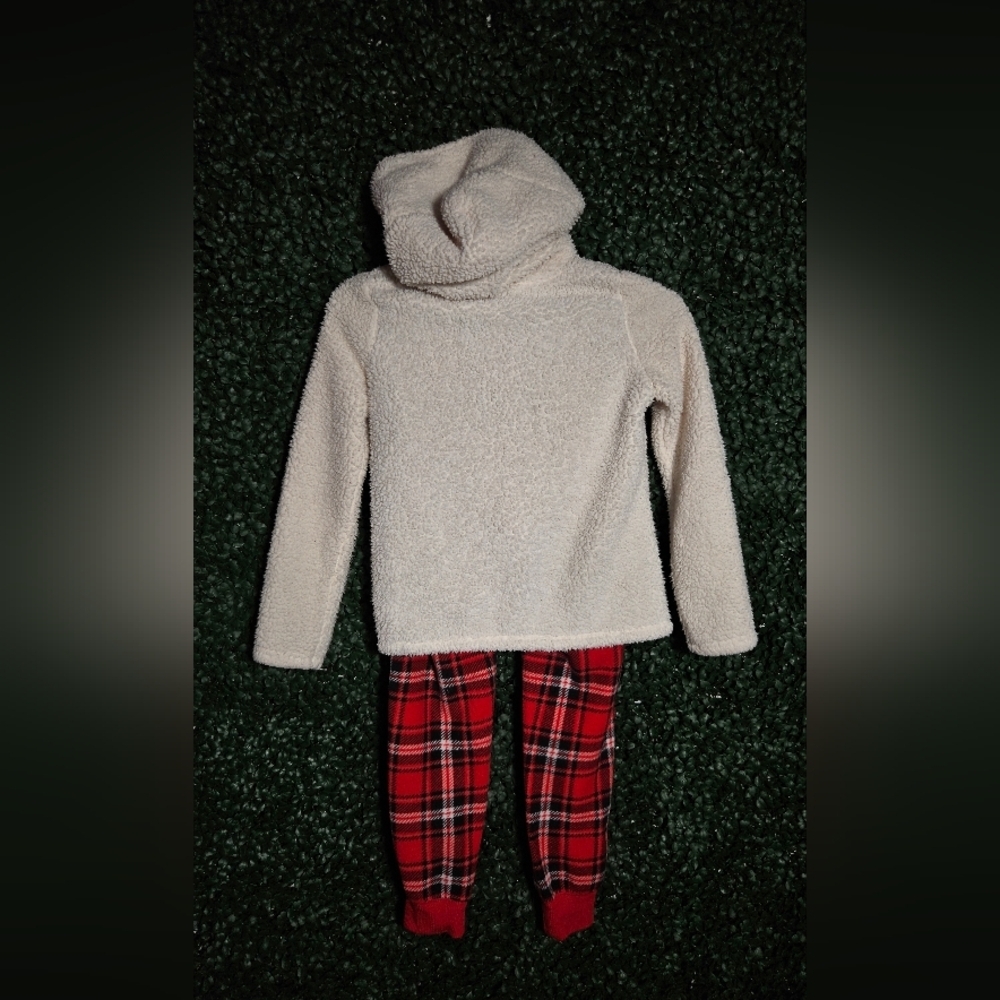 Cozy Cream Hoodie and Red Plaid Kids Pajama Set - Picture 3 of 5